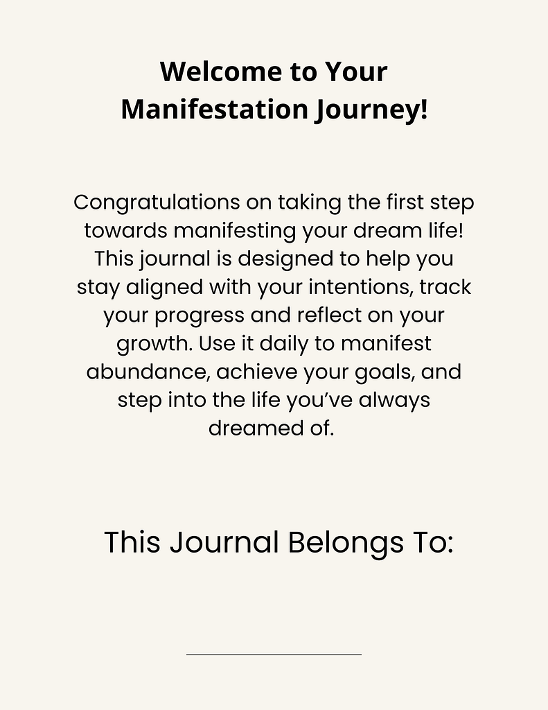 Welcome page of the Self: Art of Becoming Digital Manifestation Journal, featuring a motivational introduction to manifestation practice.