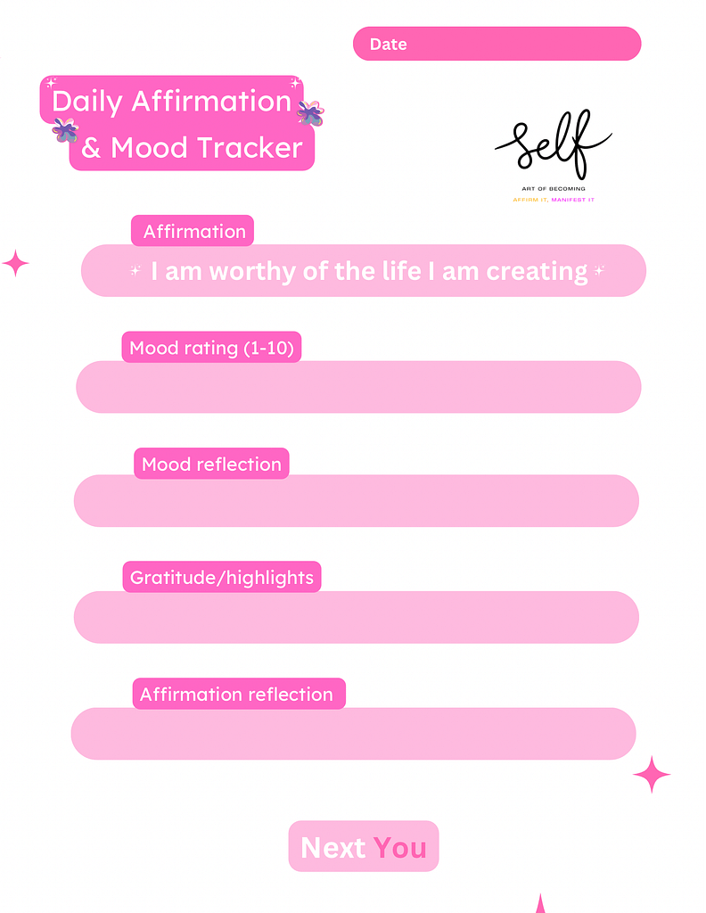 Daily Affirmation & Mood Tracker for personal growth, with space for affirmations and mood tracking
